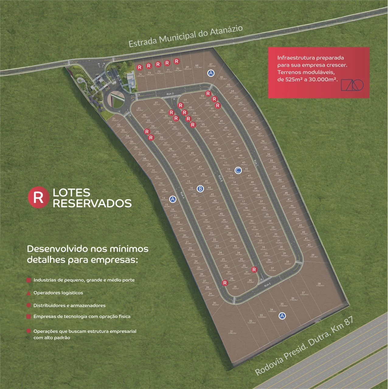 Masterplan do BIP VALE com os lotes empresariais, os lotes já reservados, ruas internas e acessos à Dutra