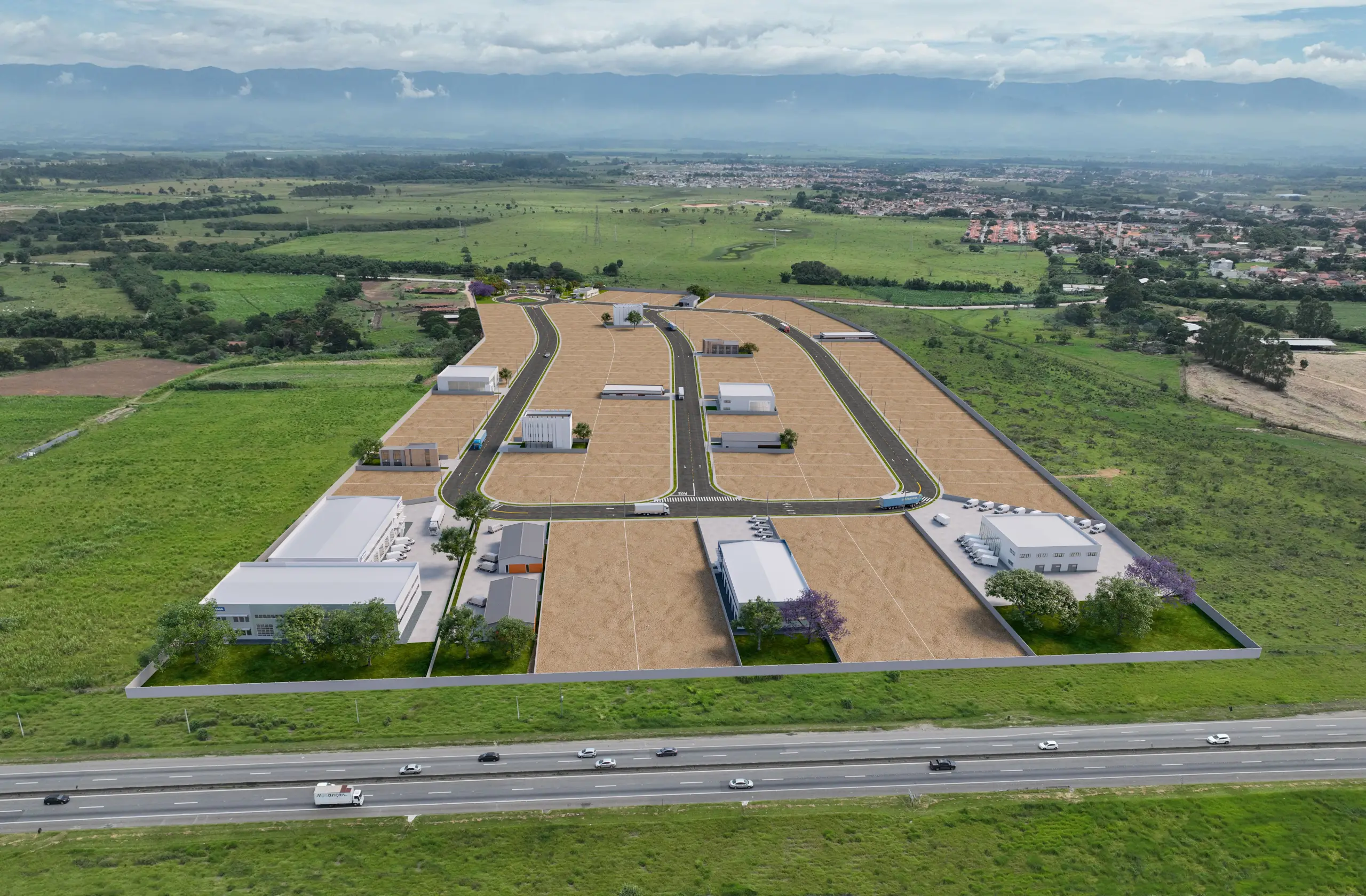 Vista aérea do BIP VALE em frente à Rodovia Presidente Dutra, no Vale do Paraíba